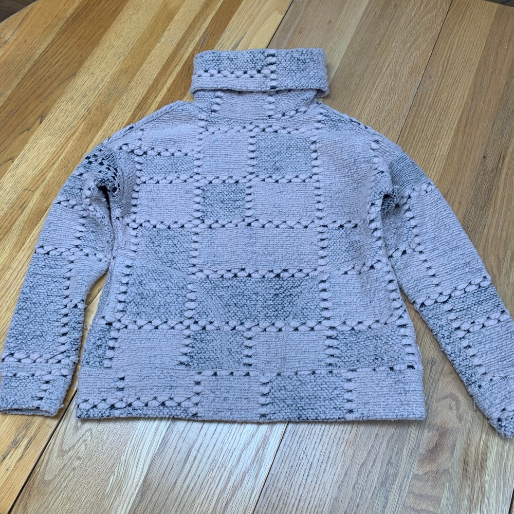 prAna Women XS Pink Grey Textured Knit Wool Blend Turtleneck Sweater Pullover
